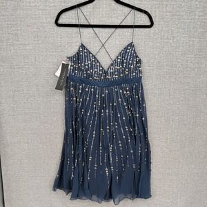 Y2K‎ Aidan Mattox Nite Navy Blue Sequin Embellished Mini Dress Sz 10 M Babydoll